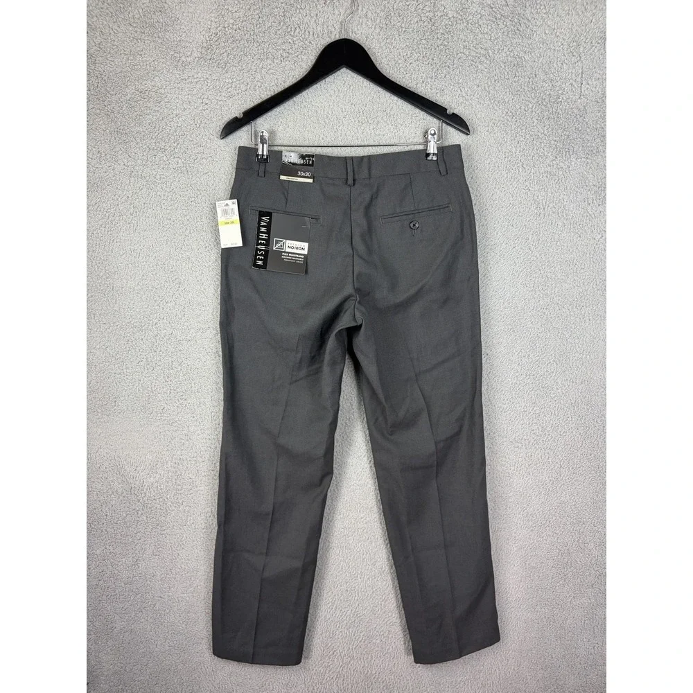 Van Heusen Premium No Iron Dress Pants Mens 30x30 Gray Flat Front Charcoal NEW